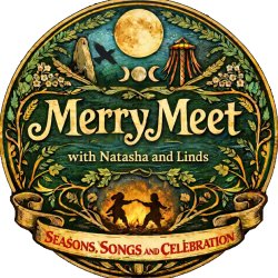 A logo for Merry Meet featuring foliage, a may pole, moon phases and dancers. The tagline is seasons, songs and celebration