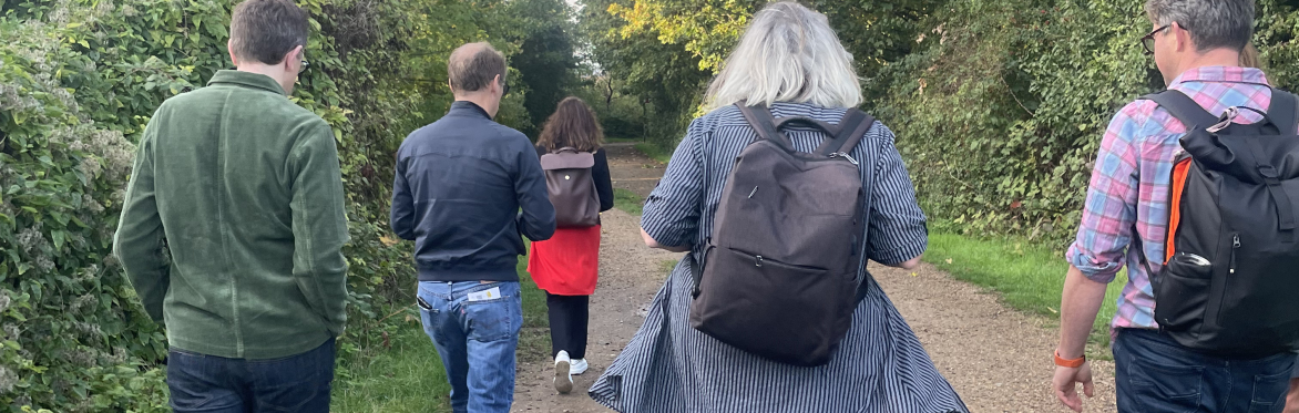 A group of people walking along a footpath away from the camera. There is a puddle on the path and green trees on either side.