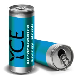 Two blue cans, one standing and one on its side. The standing can has the YCE logo printed on it along with the words "Decarbonated Energy Drinks"