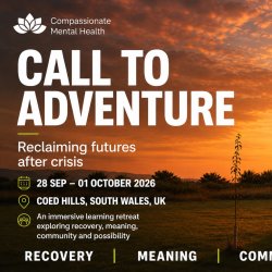 banner with sunset sky and the giant bird cage made by founder Rawley Clay with compassionate mental health and logo and words Call to Adventure Reclaiming Futures after Crisis 28 Sep to 01 October 26