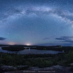 The Milky Way panoramic image over a small lake.