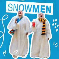 Two performers in clown make-up dressed as snowmen in white fluffy onesies. Text says Snowmen.