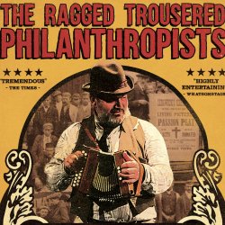 A white man with a squeeze box in front of a backdrop of faded photographs from the early 1900's. Text " The Ragged Trousered Philanthropist"