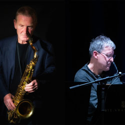 Split image of two jazz musicians performing. A saxophonist stands holding his instrument while a pianist plays a grand piano, both lit by spotlights against a dark stage.