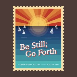 CACCLC 2026 theme logo with the words "Be Still; Go Forth" A sun with a cross at its center emanating rays while rising from the ocean. Boats navigate across the water along the horizon
