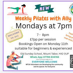 Pilates poses and text explaining the MTCA Pilates Classes on Mondays 7pm