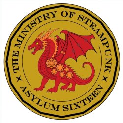 A medal design with a red dragon in the middle and the words The Ministry of Steampunk and Asylum Sixteen around the edge.