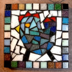 A handmade mosaic coaster with an image of a bird on a white background with a multi coloured mosaic tile border.