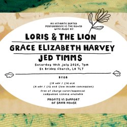 A poster for a concert with Loris & the Lion. It features black handwritten text on a white oval background. Behind the white are some abstract textures in green, yellow and beige.