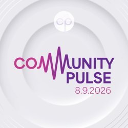 A purple and pink logo that says "community pulse: sing a better future into existence" on a white and gray background