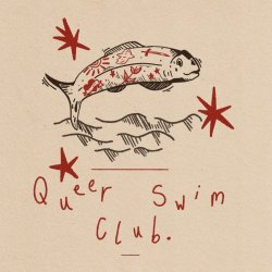 Illustration of tattooed fish jumping over water with the words queer swim club