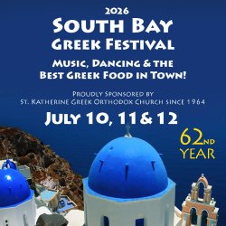 South Bay Greek Festival 2026 promotional image with Santorini-style blue dome artwork