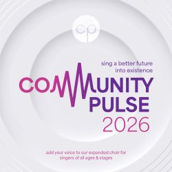 A purple and pink logo that says "community pulse: sing a better future into existence" on a white and gray background