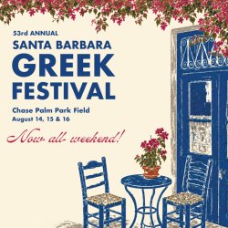 greek patio scene with chairs, table, blue door and bougainvillea frame the text 53rd annual santa barbara greek festival chase palm park field august 14, 15 and 16. now all weekend