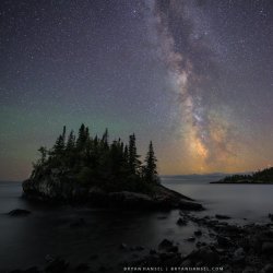 A tree-covered island under the Milky Way