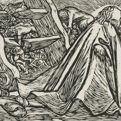 20th century woodcut of Man in robe looking back at chaotic scene including coffins and skulls, from 'The Transformations of God: The Divine Beggar' 1921 Ernst Barlach (German, 1870–1938)