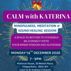 a dark blue colour background with golden rays in the middle,, text describing the event, Calm with Katerina and giving details