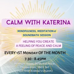 a light blue colour background with golden rays in the middle,, text describing the event, Calm with Katerina and giving details