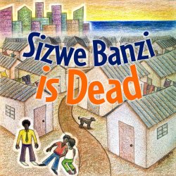Poster showing a South African township with skyscrapers in the background and two men and a stray dog kneeling over a dead body in the foreground
