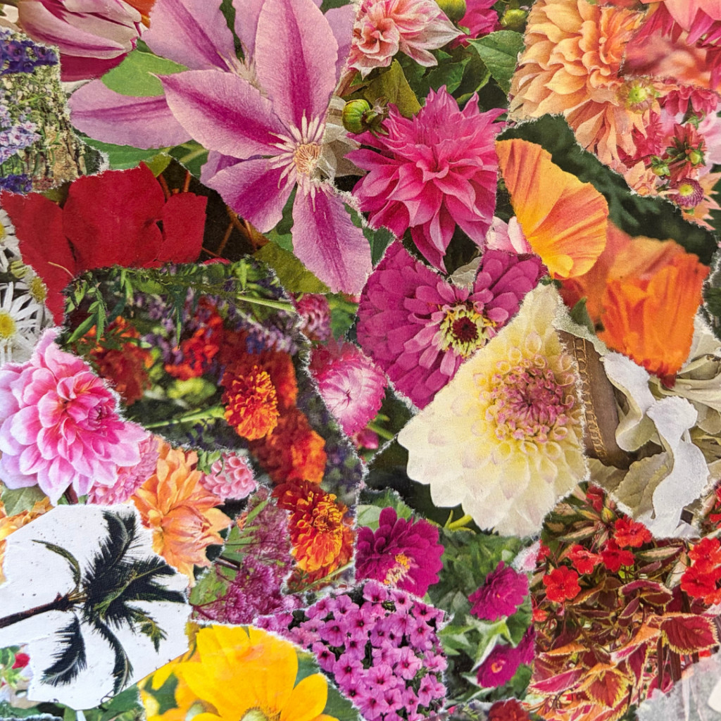 A collage of of a riot of flowers, including lilies, roses, carnations, and California poppies