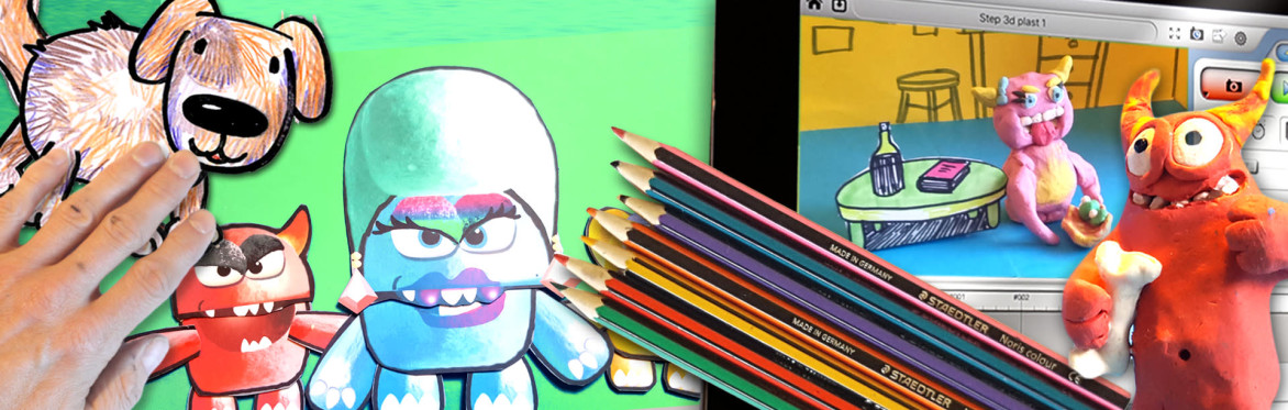 Drawn animated puppets and an iPad filming a plasticine model
