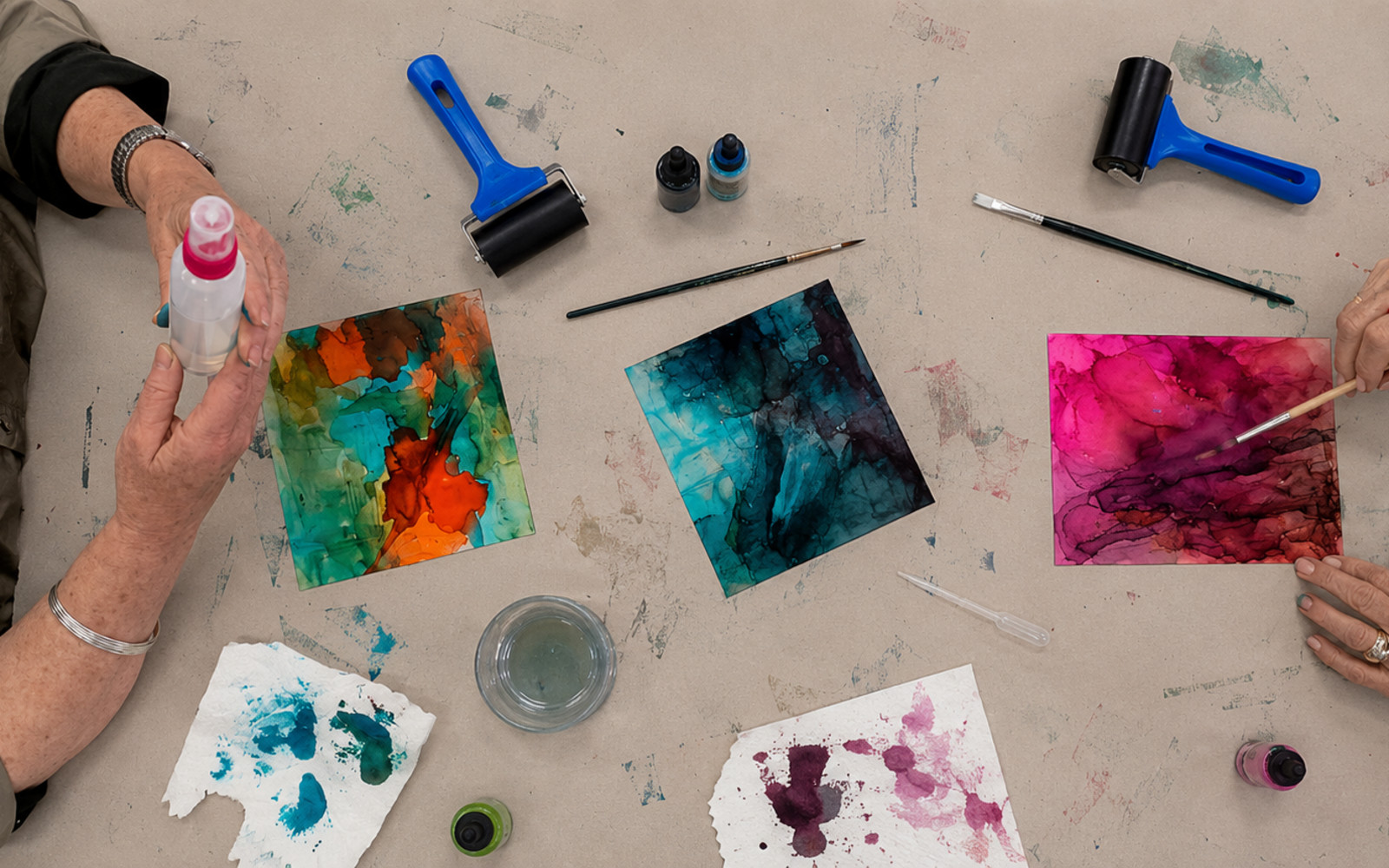 Two participants creating colorful alcohol ink artworks in a bright artist studio.