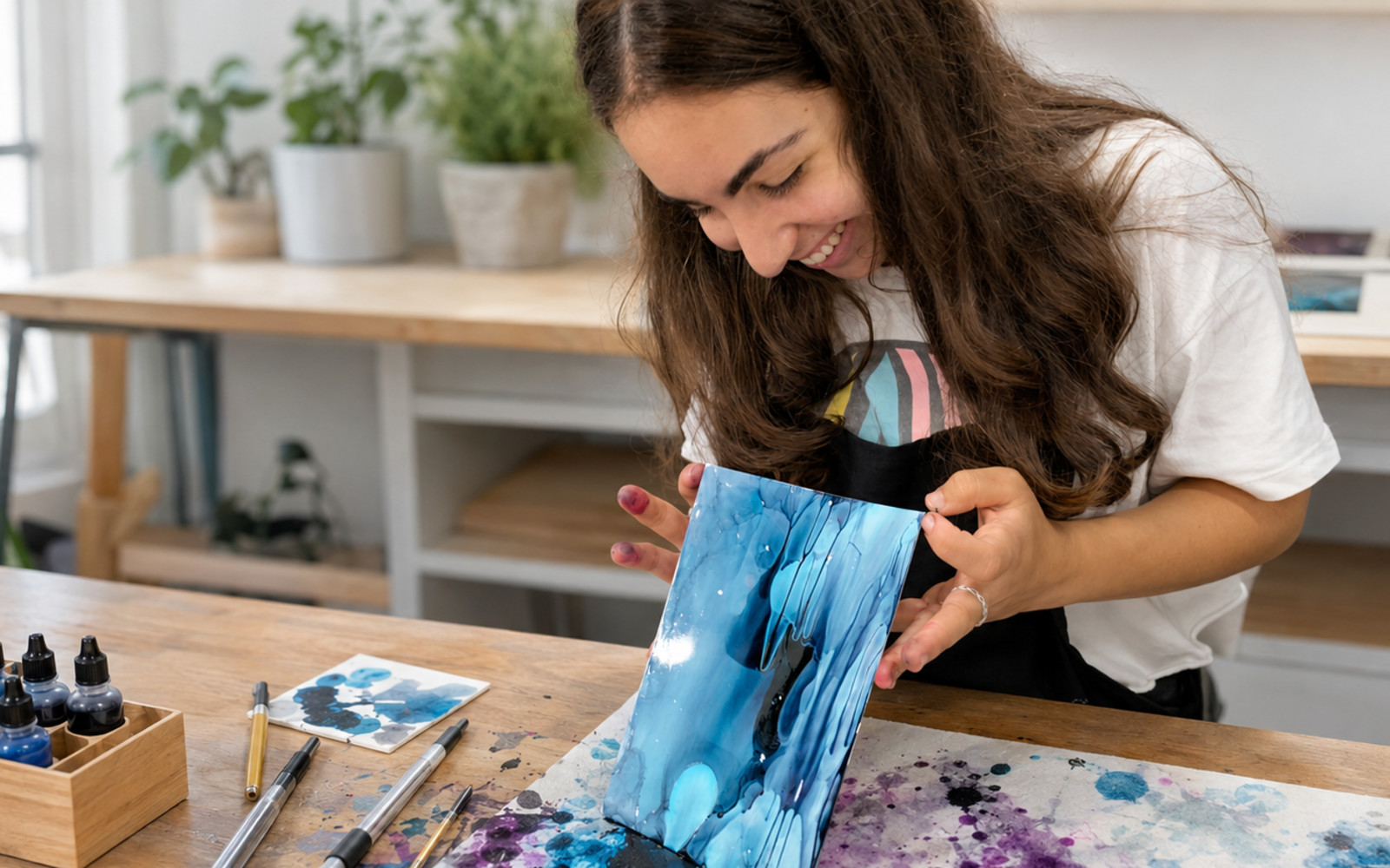 Two participants creating colorful alcohol ink artworks in a bright artist studio.