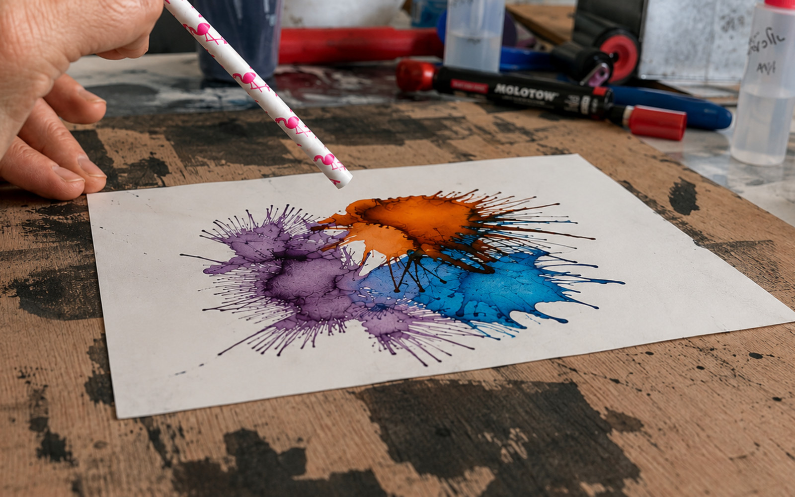 Two participants creating colorful alcohol ink artworks in a bright artist studio.