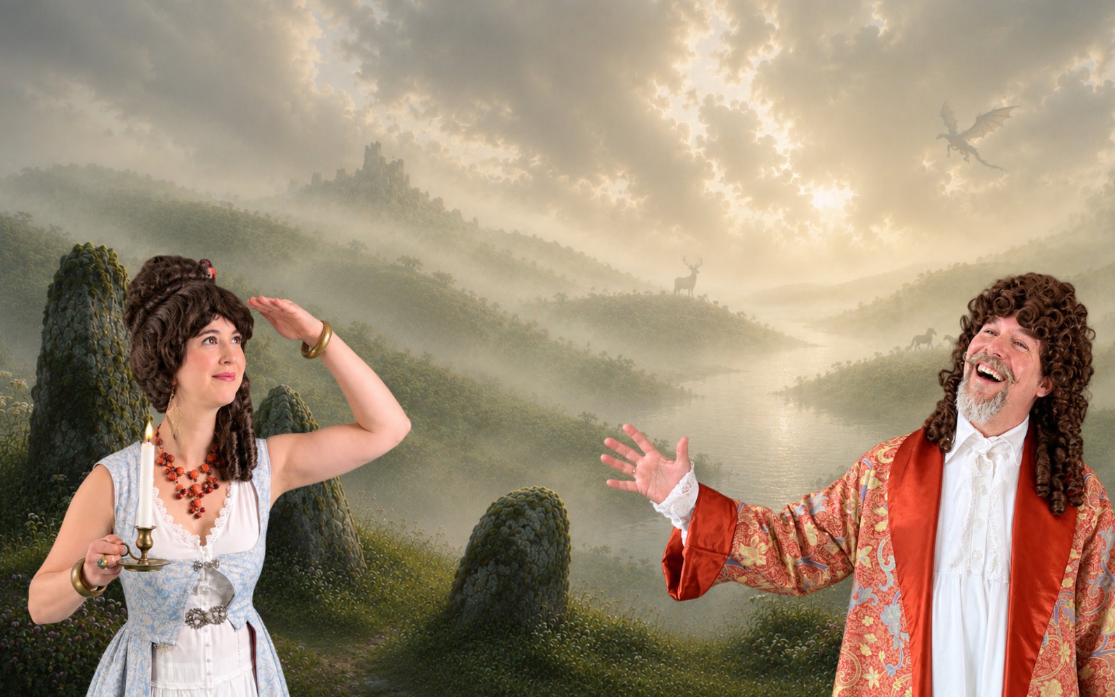 Lady and Lord Dosis of Poetry Nap beckon toward a dreamlike landscape of misty green hills, a winding lake, and a dragon soaring through luminous clouds.