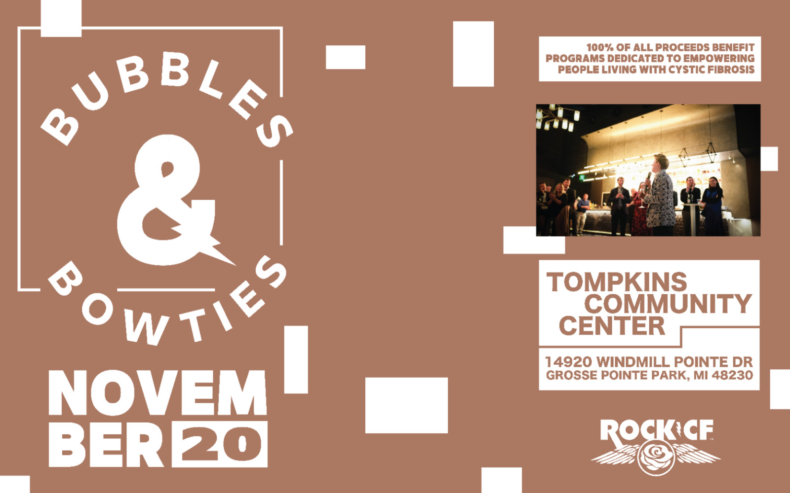 Bubbles & BowTies event image for the Rock CF Foundation. Brown logo image with the Bubbles logo included.