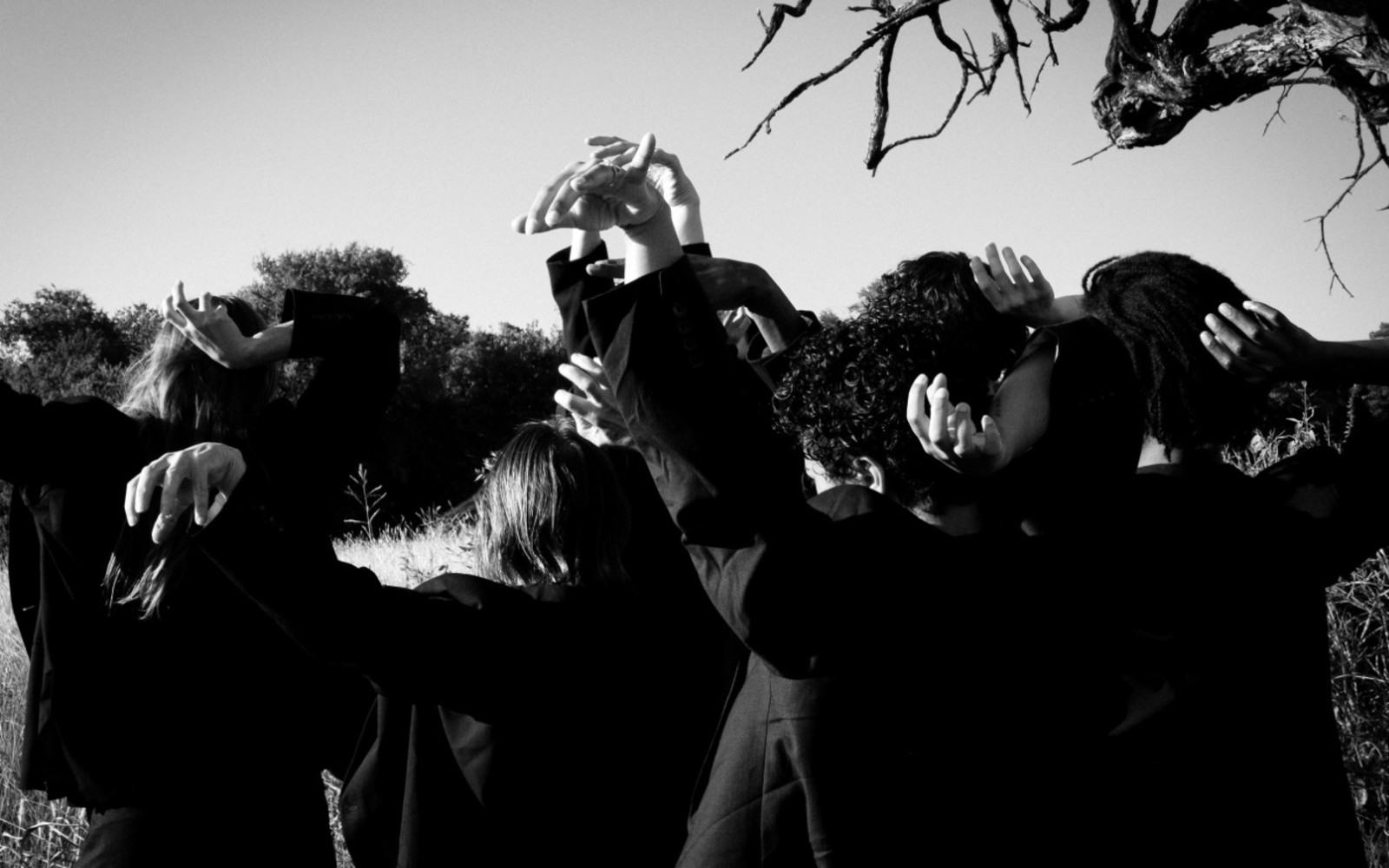 Black and white photo. 6 dancers face away from the camera, only the backs of their heads are visible. They make angular, bird claw-like shapes with their arms and hands around their heads.