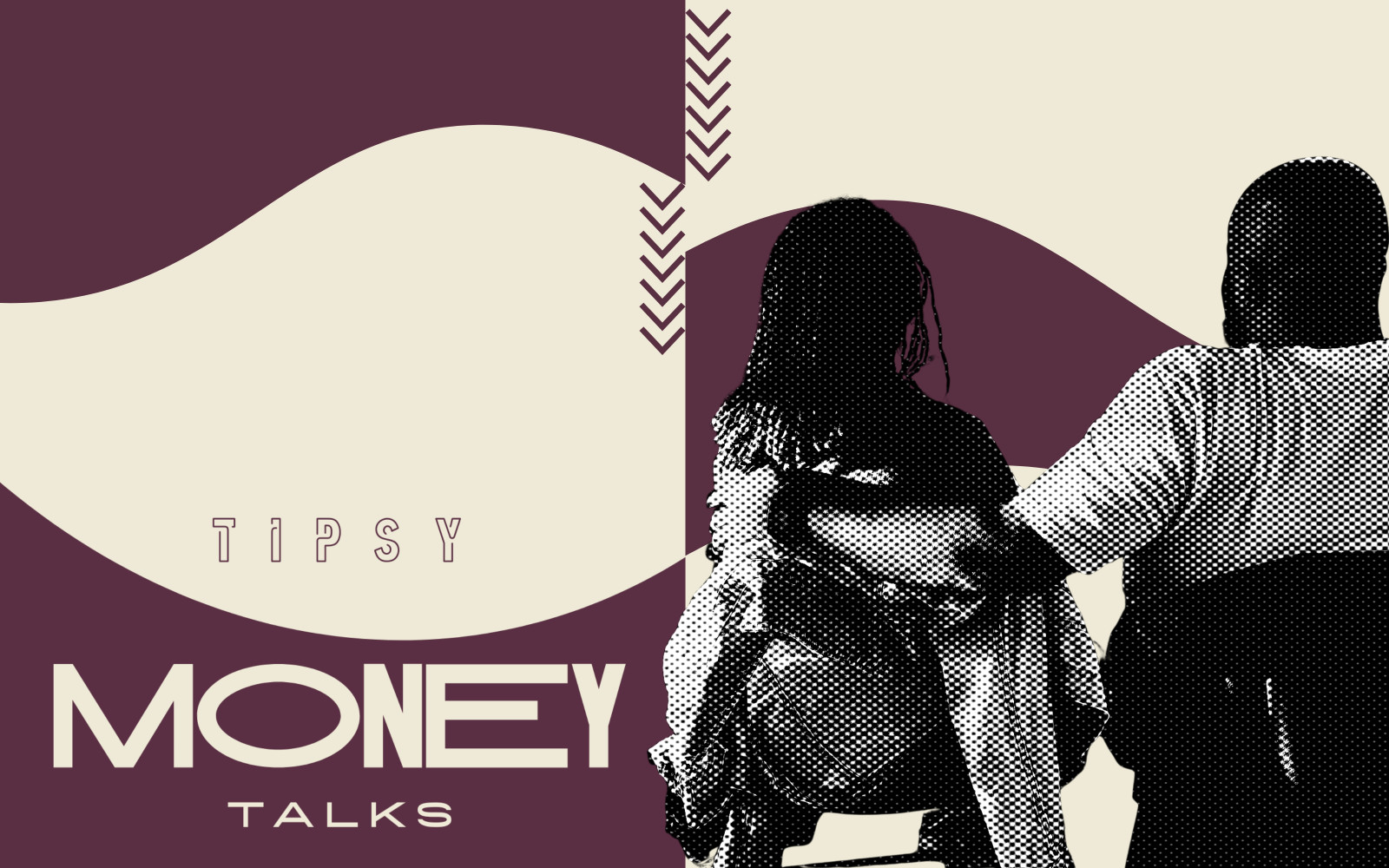 Tipsy Money Talks header. A couple enjoying wine together with event branding and logo.