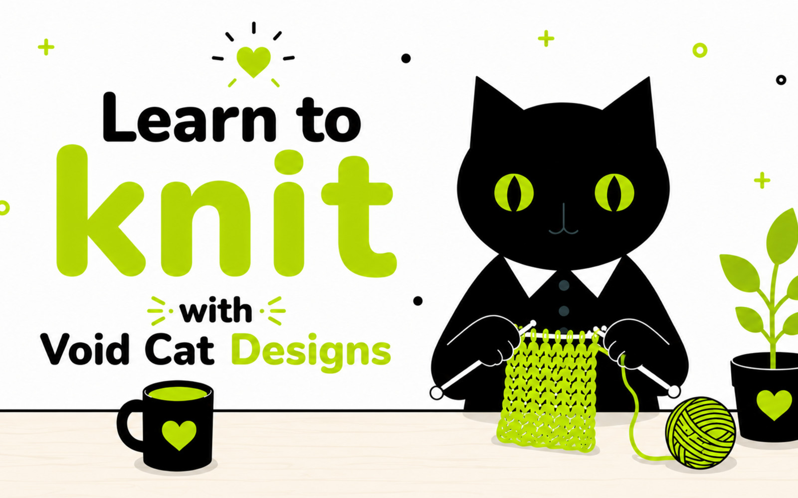 Image shows the Void Cat Designs logo (a black cat with yellow eyes) sitting at a table while knitting. The caption reads 'Learn to Knit with Void Cat Designs'.