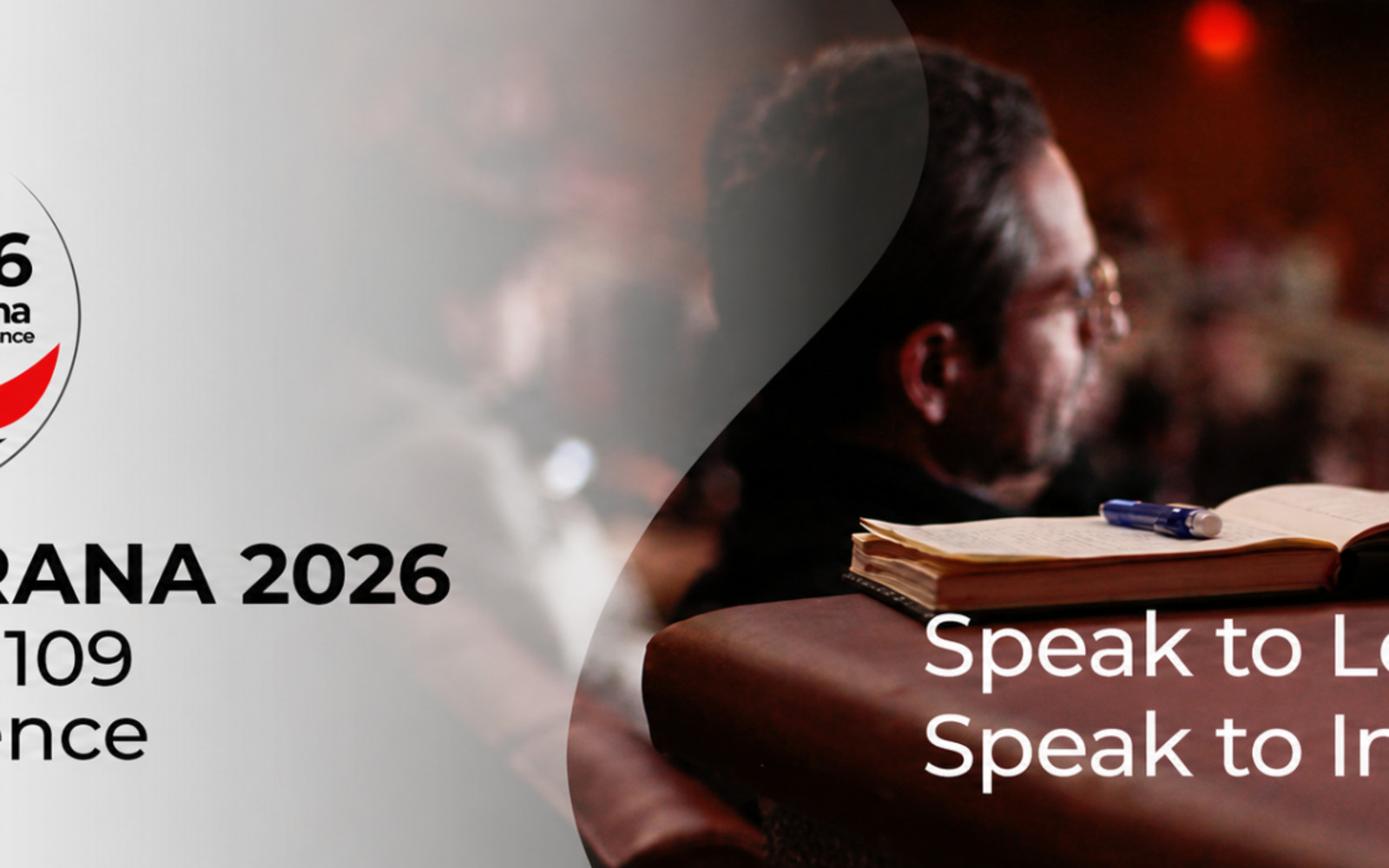 Promotional banner for the FOLTIRANA 2026 District 109 Conference in Tirana, featuring the conference logo and title on the left, and a blurred conference speaking scene with an open notebook and the