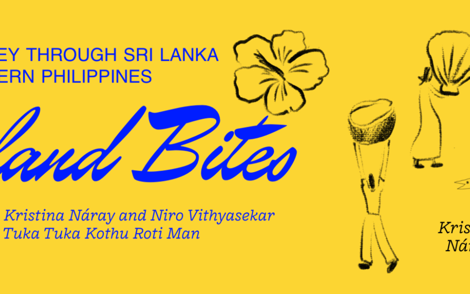 Yellow background, blue and black text. Outlines of coconut trees and people holding items above their heads.