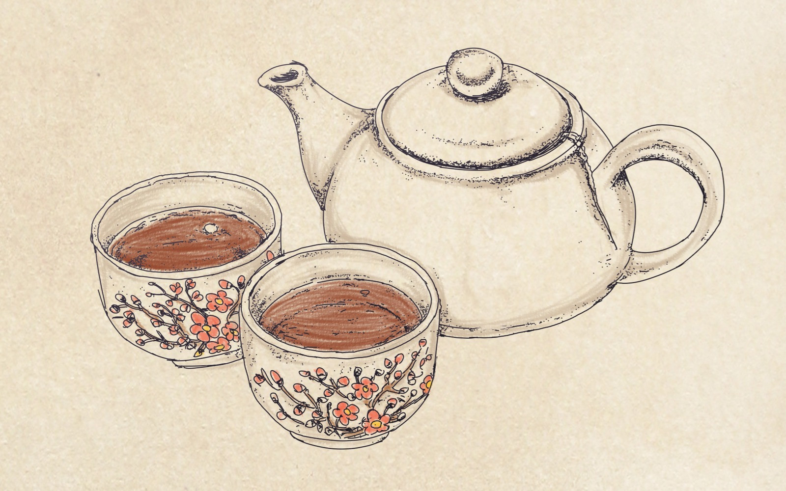A teapot and two cups