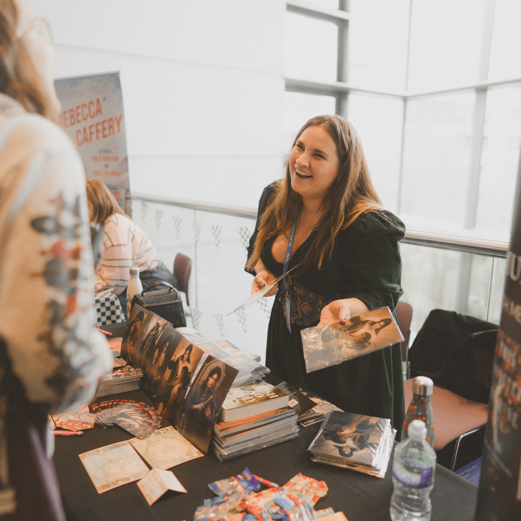 Moments from FFUK, authors on the auditorium stage and groups of people