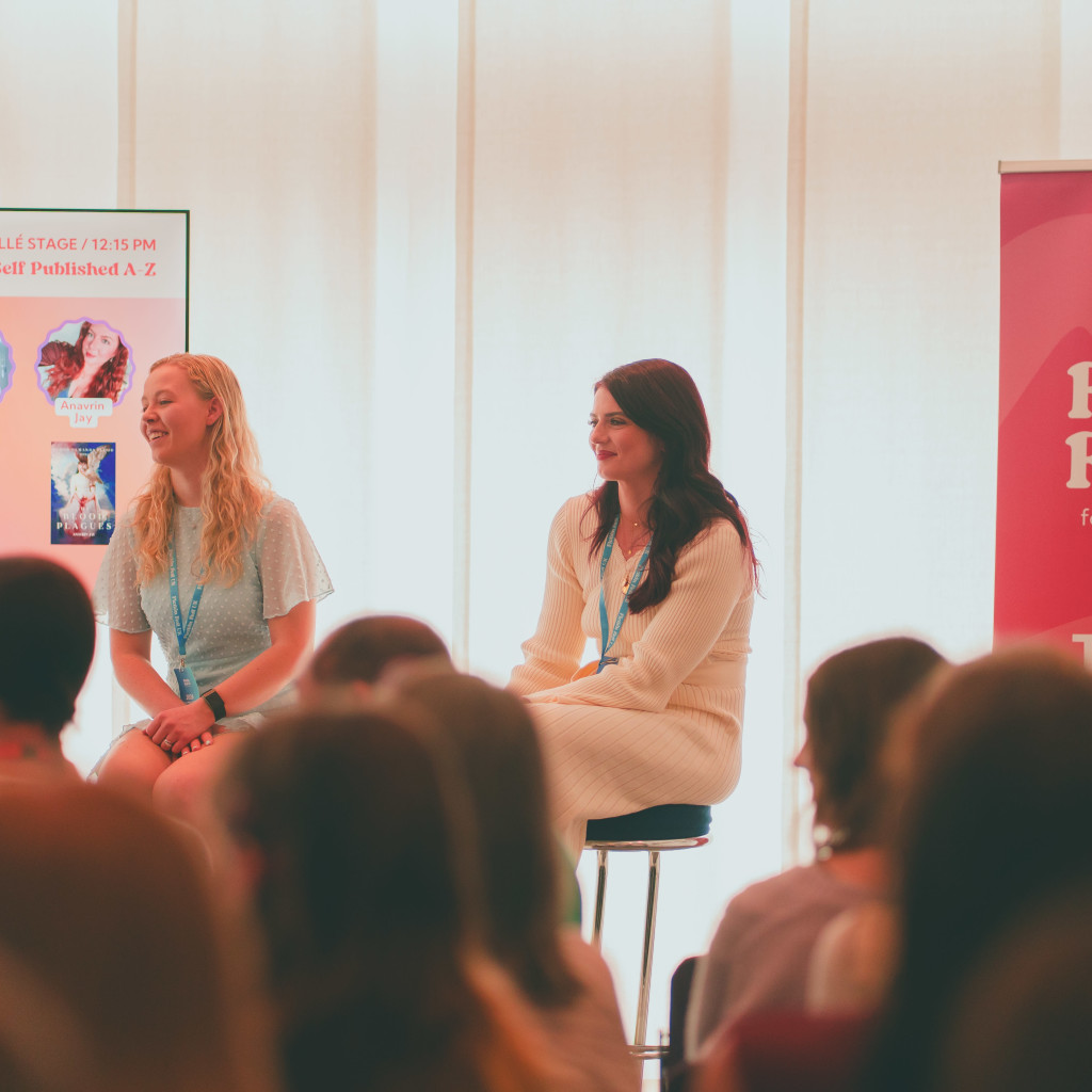 Moments from FFUK, authors on the auditorium stage and groups of people