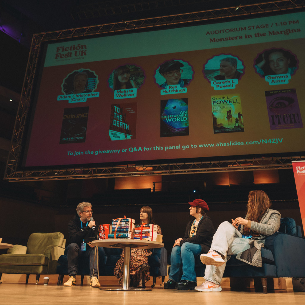 Moments from FFUK, authors on the auditorium stage and groups of people