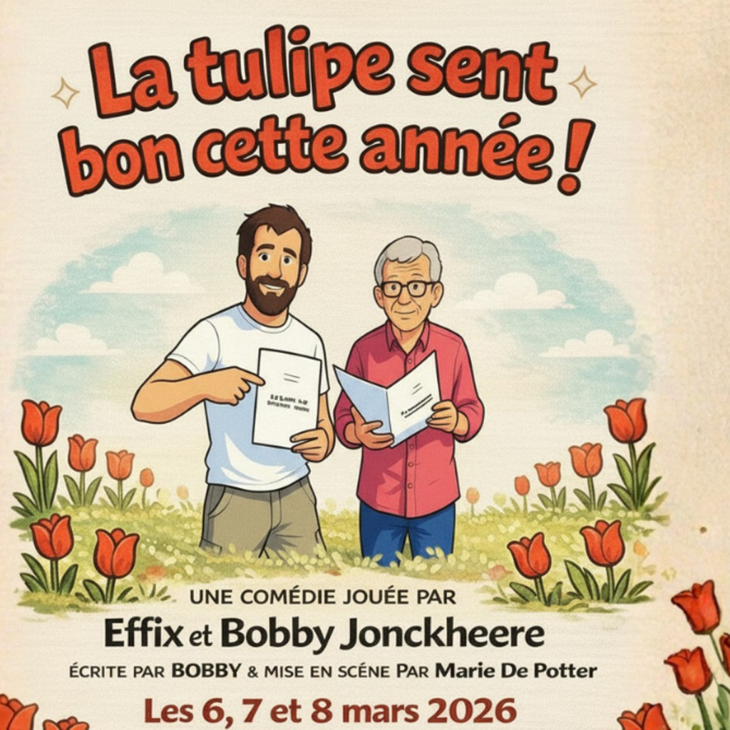 cartoon image of a father and his son in the middle of a tulip field, holding a document in their hands