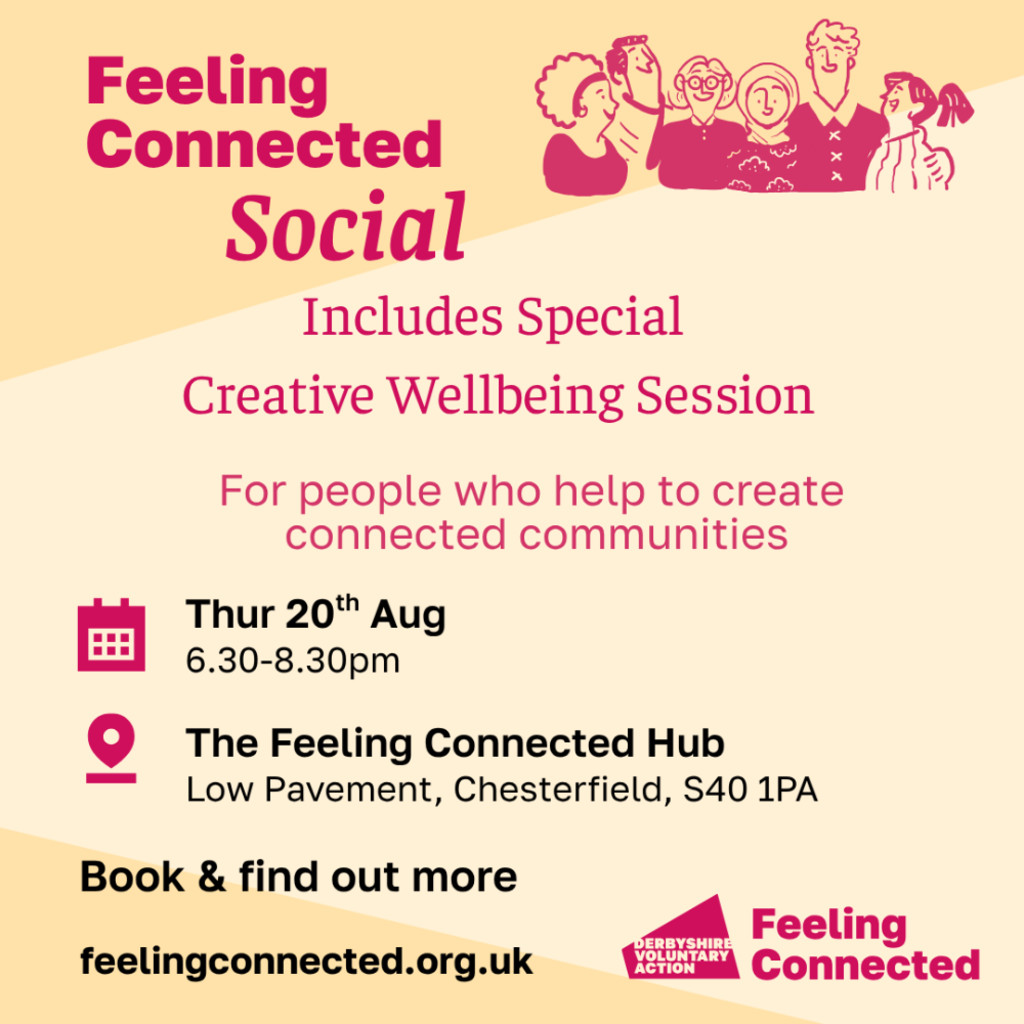 Text details of the event with an illustrated graphic of a group of people in a line in a hug and the DVA Feeling Connected Logo