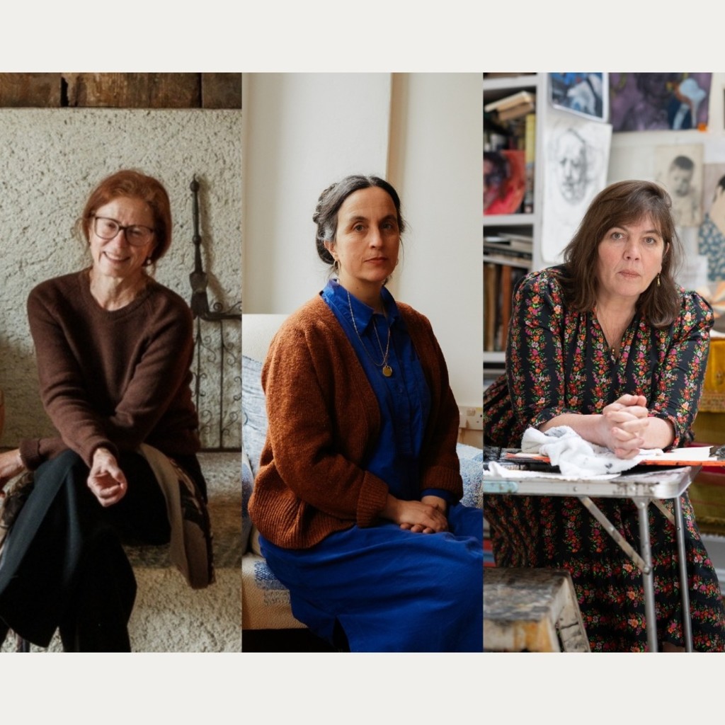 Three images of seated women side by side.