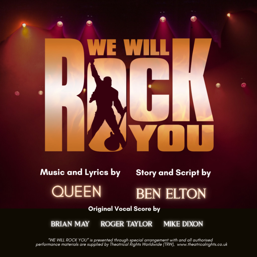 Poster style image for CMTS's production of 'We Will Rock You", featuring a silhouette guitarist against a spotlight-filled state backdrop with credits to writers of music and lyrics.