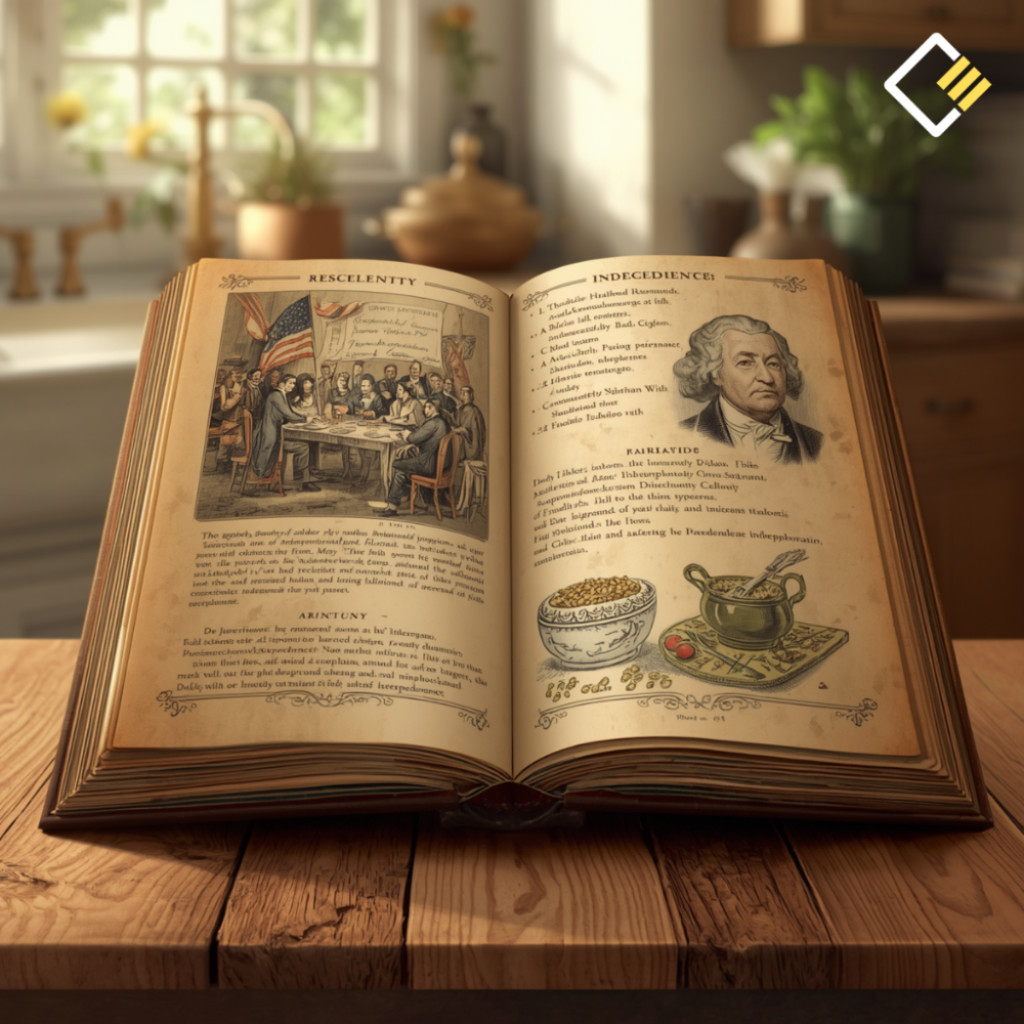Open vintage book on a wooden table depicts historic scenes and recipes. The kitchen background is softly lit, creating a warm, nostalgic atmosphere.