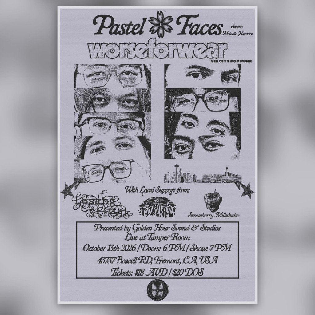 Black-and-white DIY punk show flyer for Losing Streak, Tororo!, Pastelfaces, Worseforwear, and Strawberry Milkshake at Tamper Room Cafe & Gallery in Fremont on October 13, 2026.
