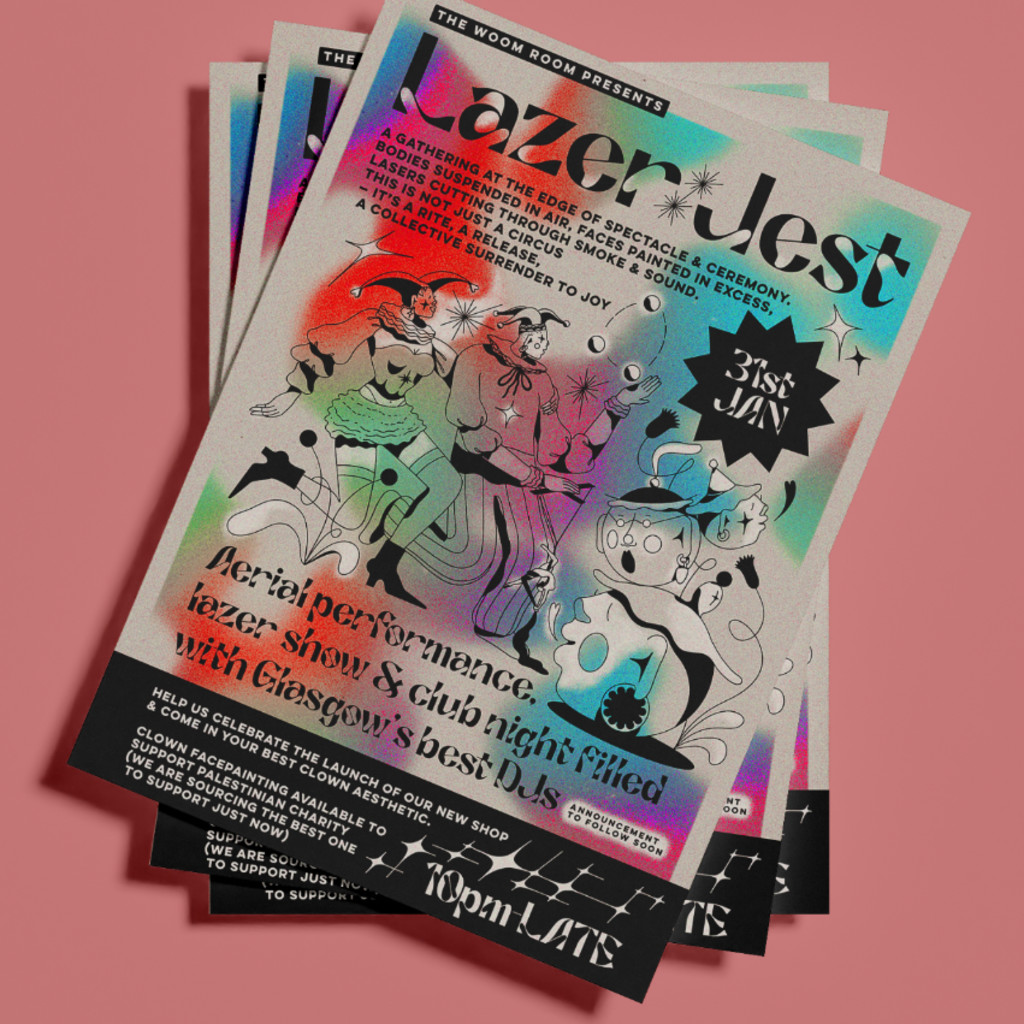 The poster reads - The Woom Room presents 'Lazer Jest'