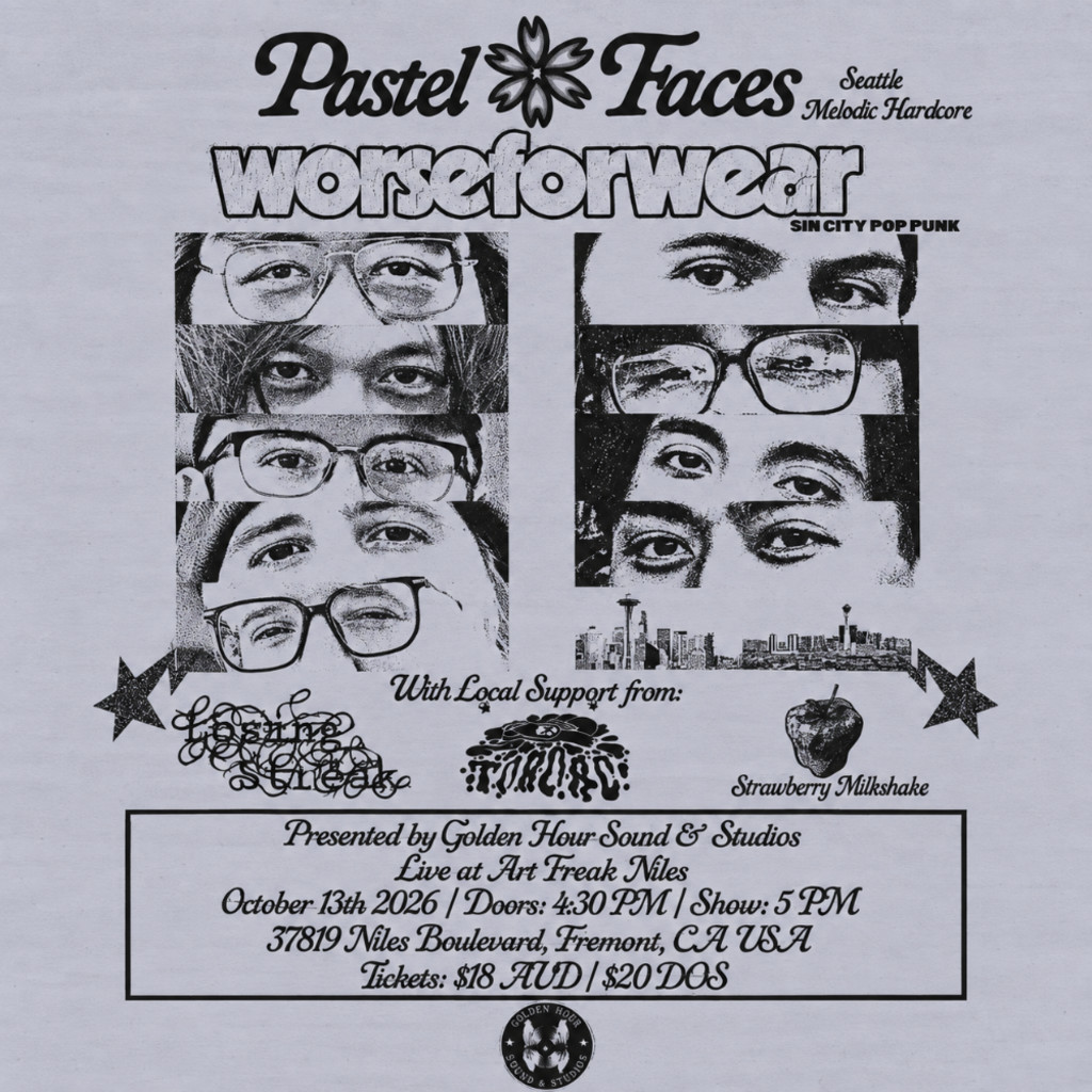 Black-and-white DIY punk show flyer featuring Pastel Faces from Seattle and Worse for Wear, with local support from three acts including Strawberry Milkshake. The design features grainy photocopied cl
