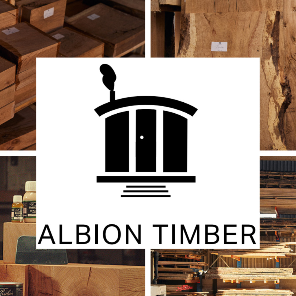 A collage of sawn timber images with the Albion Timber Logo in the centre.