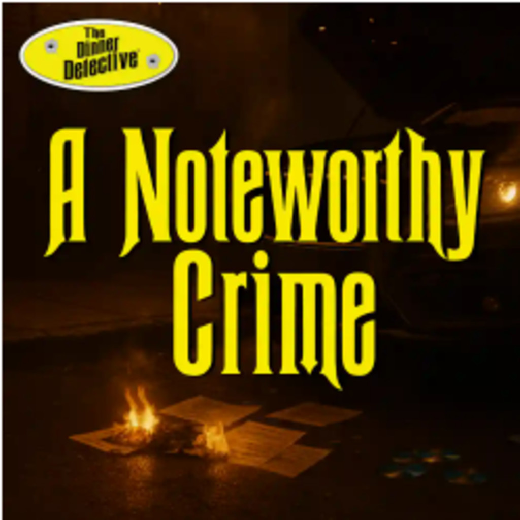 A dark, fiery cityscape with burning papers and an open briefcase. Large yellow text reads Dirty Money. The Dinner Detective logo appears in the top left corner.
