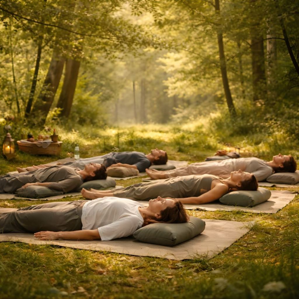 People relaxing in the woods